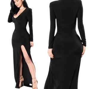 Long black Sexy elegant evening Dress open leg S stretchy fits medium